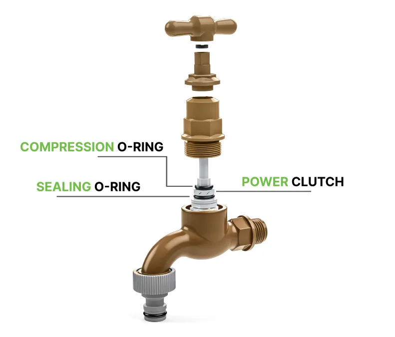 ClickClose Exploded View - Showing Compression O-Ring, Sealing O-Ring, and Power Clutch